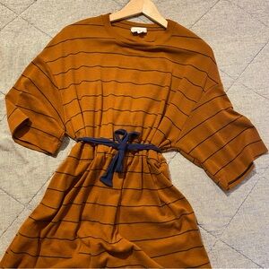 Midi Dress with Navy Tie Belt in Rust Stripe